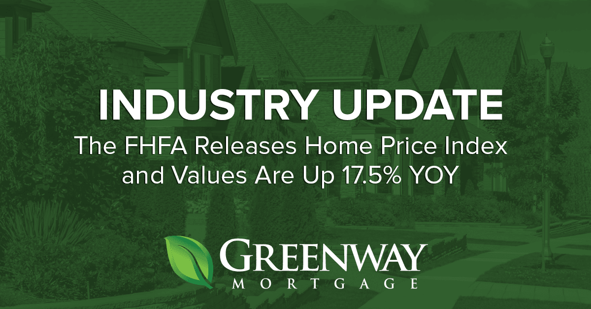 FHFA Releases Home Price Index and Values are up 17.5% YOY